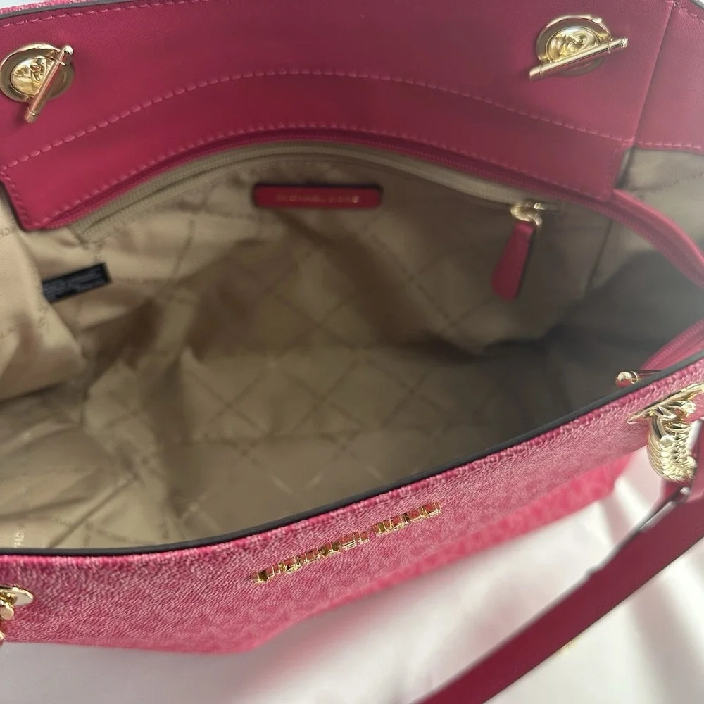 Michael Kors Jet Set Pink East West Medium Top Zip Signature Logo Leather Tote